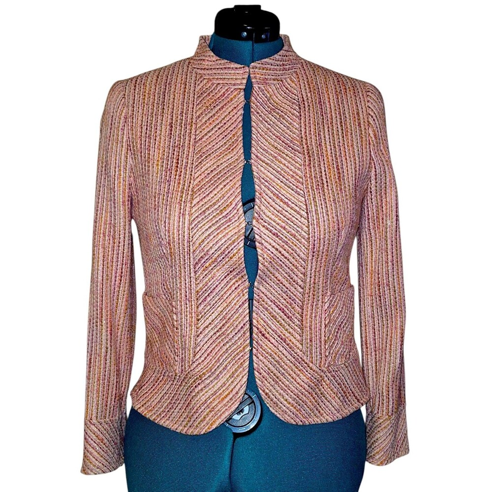 ZARA WOMAN PINK Tweed jacket Boucle Gold MetallicThread blazer Mandarin Collar 8